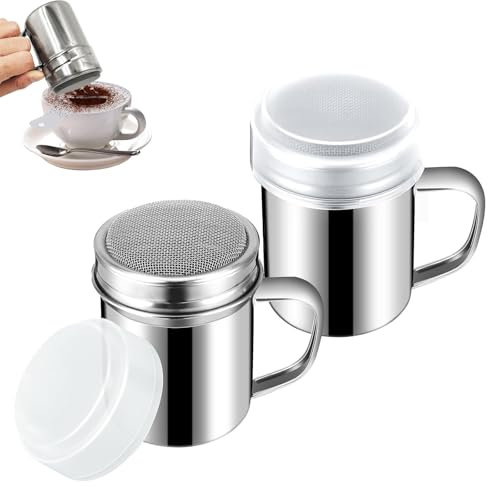 Lot de 2 saupoudreurs de sucre en poudre, saupoudreuse à farine avec couvercle avec poignée, saupoudreuse à cacao pour cappuccino, saupoudreuse à épices avec couvercle à mailles fines, passoire à