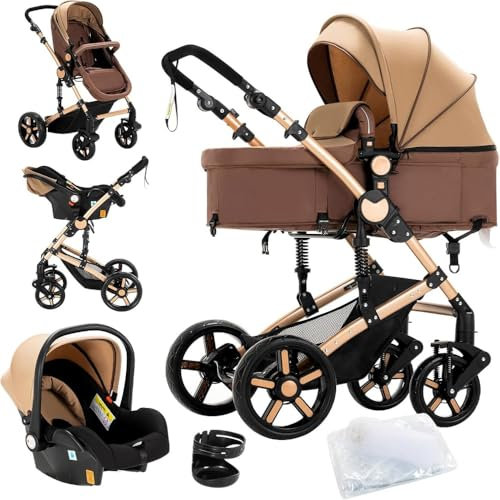 kinderwagen 3 in 1,Dreibucherrahmen & Doppel-Federung,Ein-Klick-Faltmechanismus für Neugeborene und Kleinkinder(Khaki)