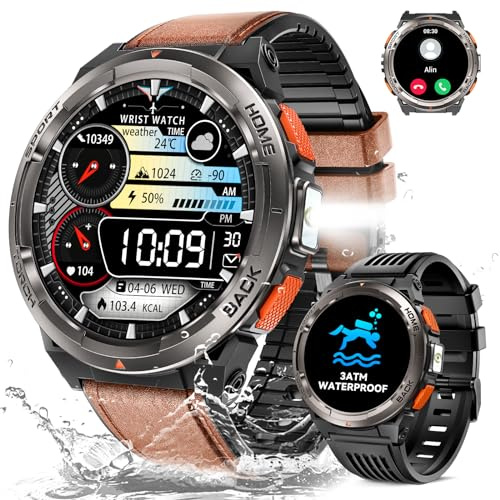 Montre Connectée Homme avec Appels Bluetooth, 1,45 Militaire Smartwatch 3ATM Étanche avec Torche LED Compas Altitude Baromètre Fréquence Cardiaque SpO2 Surveillance, Fitness Tracker pour Android iOS