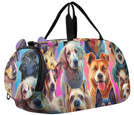 Colorido collage de razas de perros, detalles únicos de expresiones, bolsas de lona para viajes, bolsas de noche para niños pequeños con correa para el hombro, bolsa de lona para niños, Colorido