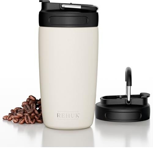 REHUK Travel Mug | 100% Leakproof Stainless Steel Thermal Mug with Carry Handle for Hot & Cold Drinks | Vacuum Flask | BPA Free Lockable Lid | 450ml (Ivory Beige)