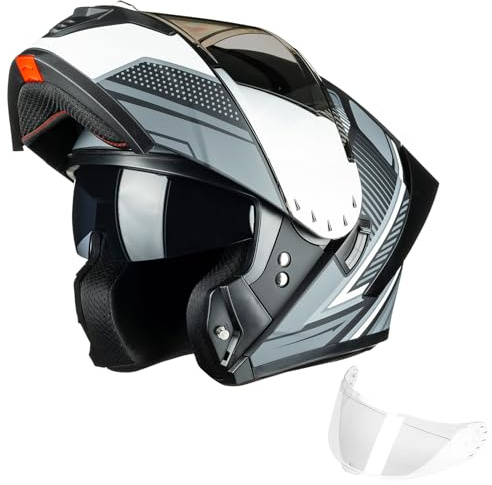 ILM Modular Motorcycle Helmet for Adults Full Face Flip up Riding with Dual Visor Street Bike Racing DOT Model MM966 (Black White, XL)