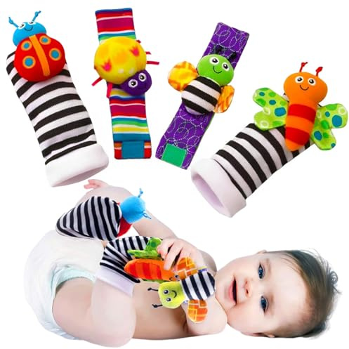 YOFDAL Juego de 4 sonajeros de muñeca, calcetín y sensor de pie para bebés de 3 a 9 meses - Sonajero de muñeca y calcetín - Sonidos fuertes