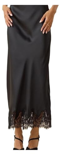 ERHTGUO Faldas largas de satén con Ribete Encaje for Mujer, Falda Midi, línea A, Maxi Sedoso y Fluido for Debajo del Vestido, Ropa Calle
