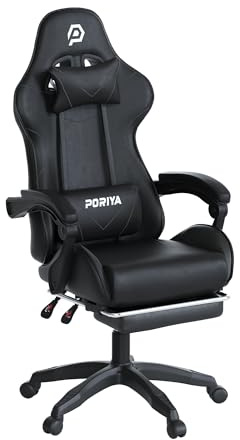 PORIYA Fabric Gaming Chair with Head Cushion, Height Adjustable, Breathable Fabric Gaming Chair, Racing-Style Executive Seat, Reclining Capability, Suitable for Office Chair, Black, Small Size