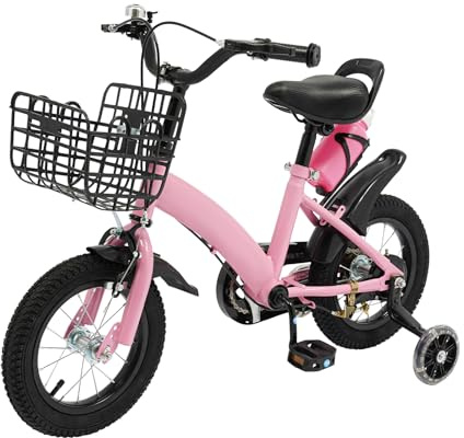 12 tums barncykel justerbar höjd med stödhjul, korg och vattenflaska, för pojkar och flickor 2–5 år, uppgraderad design med kedjeskydd och halkfria däck, rosa flickcykel pojkcykel