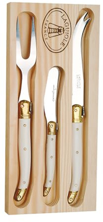Jean Dubost Laguiole 3-Piece Cheese Set, Ivory Handles - Rust-Resistant Stainless Steel - Includes Wooden Tray - Made in France