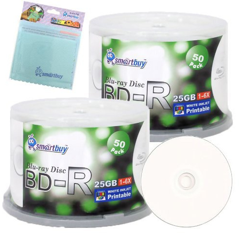 Smartbuy 100-disc 25GB 6X BD-R Blu-Ray White Inkjet Hub Printable Blank Media Disc + Free Micro Fiber Cloth