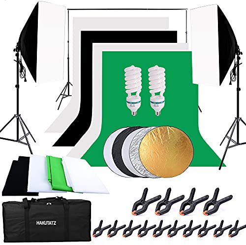Hakutatz Set Lampada da studio professionale, Set sistema fondo incluso4 X sfondo (nero, 2 X Bianco, Verde) riflettore lampada 5 in 1 treppiede Soft Box, fotografia con custodia protettiva