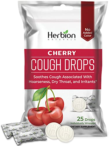 Herbion Naturals Cough Drops with Cherry Flavor, Soothes Sore Throat and Dry Mouth, for Adults, Children 6 and Above, 25Ct Pouch