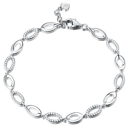 Diamond Treats Pulsera de Plata para Mujer, Pulsera de Eslabones Ovalados de Plata DE Ley 925 sólida con Circonitas Cúbicas Brillantes Lujosa Pulsera de Mujer de 16.5 cm - 17.8 cm Bella Joya