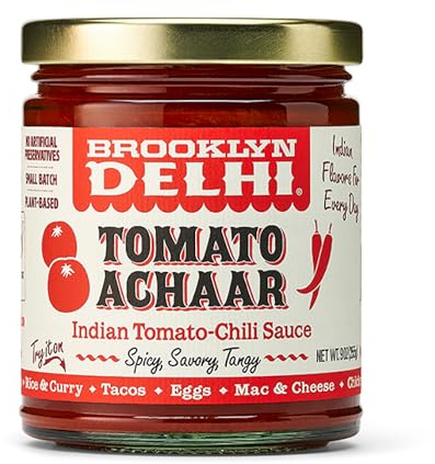 Brooklyn Delhi Tomato Achaar - 9 Ounces - Savory, Spicy, and Tangy Flavor - Made with Locally-Grown Tomatoes, Tamarind, a mix of Indian Spices, Red Chili Powder, and Unrefined Cane Sugar - Vegan