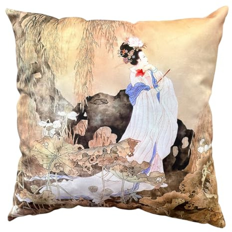 whooplaArt Chinese Classical Beauty by Lotus Pond Throw Pillow Cover, 18x18 Inch The Twelve Beauties of Jinling Double Sided Cushion Case for Living Room Bedroom Asian Home Decor
