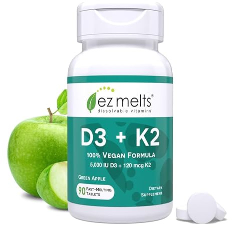 EZ Melts Dissolvable Vegan Vitamin D3 + K2 5,000 IU - Bone & Heart Health Support - Immune Function Support - No Artificial Flavors - Non-GMO - Green Apple - 90 Dissolvable Tablets (90 Servings)
