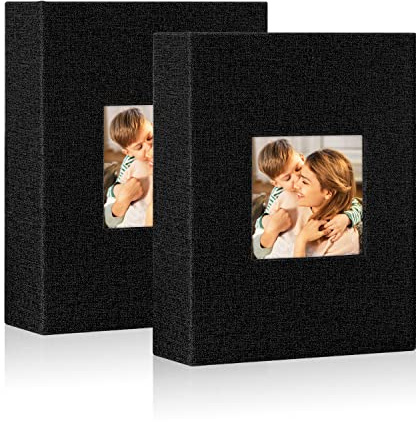 Lanpn Photo Albums 7x5 Pockets, Linen Slip in Top Loading Photo Album Holds 100 Portrait 13x18cm Pictures (Black, 2 Packs)
