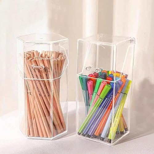 Zerodeko Acrylic Pen Holder Storage Box with Lid 2-Pack Clear Desktop Organizer for Makeup Brushes Stationery and Small Items 8.26X3.34X3.34In