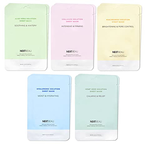 NEXTBEAU Solution Sheet Mask Variety Pack, 10 Count (5 Types x 2 Sheets), 0.74 fl oz Each, Korean Facial Sheet Masks for Daily Skincare