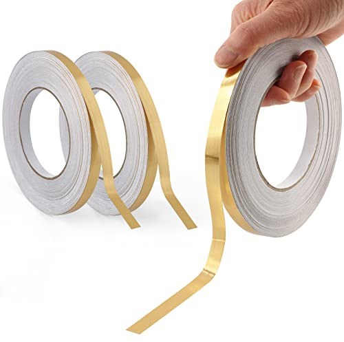 Trimold Peel and Stick Gold Metalized Polyester Mylar Film Craft Tape, Self-adhesive Wall Molding Trim with Vibrant Mirror-Like Finish for DIY Projects Decorative Graphic Arts, 150m x 1cm