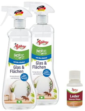 Poliboy Bio glasrengöring och ytrengörare – för en glänsande och randfri rengöring av spegelliknande ytor – vegansk – sprayflaska – 2-pack – 2 x 500 ml (1 l) – Made in Germany