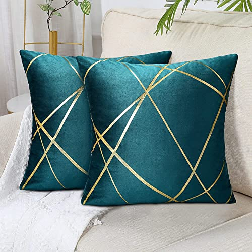 50x50 cm Groß Samt Kissenbezug 2er Set Dekokissen Grün/Gold Linie Geometrie Dekokissen Kissenhülle Sofakissen Couchkissen Dekorative Kissen Kissenbezüge Zierkissen Bezug für Schlafzimmer Sofa Bett