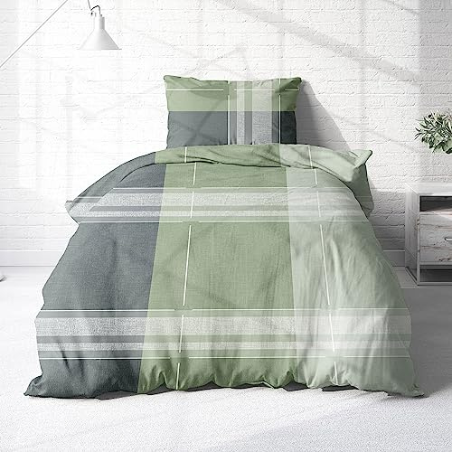Träumschön Biber Bettwäsche Set 2tlg 155x220 cm + 80x80 cm – Flauschige Bettwäsche Grün/Grau – Weiche Winterbettwäsche Kariert - Atmungsaktiv, Warm & Hautfreundlich - 100% Baumwolle