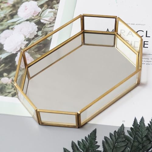Soulnioi Bandeja de cristal dorado con espejo, bandeja decorativa de polígono, organizador de perfume, bandeja de maquillaje para tocador, mesa, decoración del hogar, 20 cm
