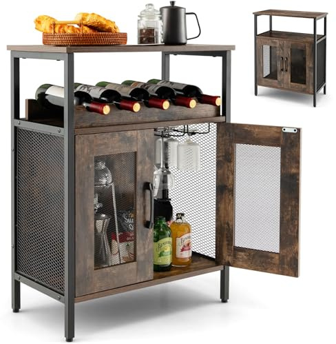 GYMAX Armadio per Vino per 5 Bottiglie Rimovibile, Armadietti di Vino con 6 Porta Calici, Mobile da Vino in Rete Metallica per Cucina, Sala da Pranzo, Industriale, 60 x 34 x 79 cm (Marrone)