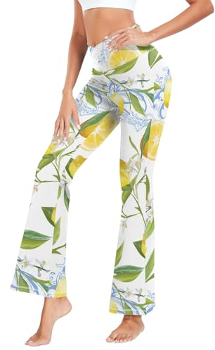 CHIFIGNO Legging évasé pour femme - Jambe large - Taille haute - Coupe bootcut - Legging de yoga - Bas cloche, Citrons jaunes, Taille L