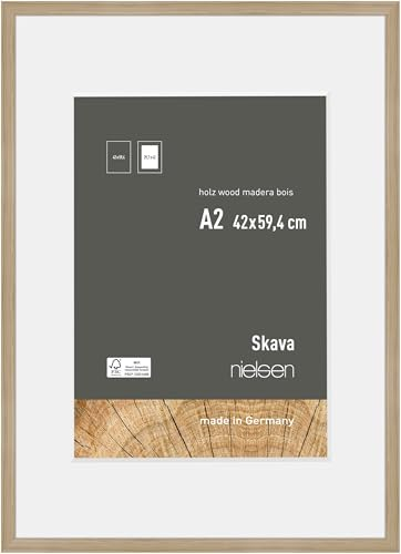 nielsen Skava Wooden Picture Frame Oak A2, 42x59.4cm with White Mount to fit A3 photo, Float Glass and Push and Turn Clips