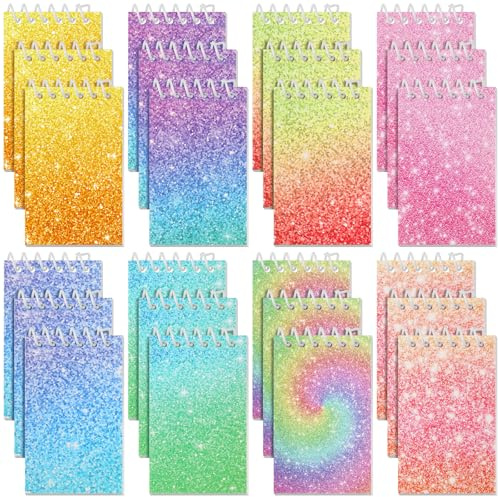 Glenmal 24 st mini anteckningsblock för festgåvor mini batikfärgade anteckningsblock med glitter färgglad liten ficka för present klassrumsbelöningar 20 sidor vardera (strålande färg)