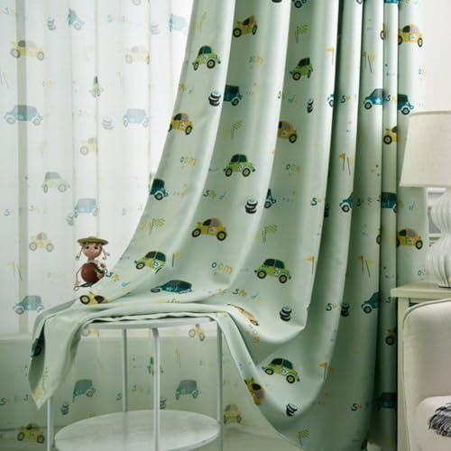 Amidoudou 2er-Set Vorhänge Auto Kinderzimmer,Vorhänge Kinderzimmer Junge,Vorhänge für Kleine Fenster (Grün,230 x 140 cm)