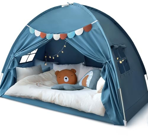 Razee Twin Bed Tent for Kids, Twin Size Toddler Canopy Indoor Playhouse Canopy Privacy Tent on Bunk Bed Sleep Inside Drafty Room Kid Toys for Boy Girl Birthday Gift, Blue Jean Color