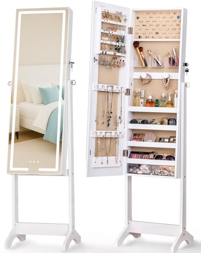 LUXFURNI Schmuckschrank Stehend, 152cm Höhe Standspiegel Mit Stauraum, 3 Farbmodi, 3 Einstellbare Winkel, Abschließbarer Spiegel Schrank, weiß
