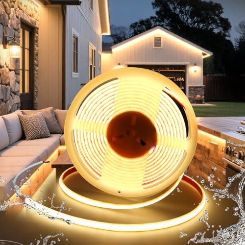BRIMETI COB LED Strip Varmvit 3000K LED Remsa 5M 12V Vattentät IP68 Strip Flexibel Självhäftande 320LED/m Strip Ljusremsa Bredd 10mm Inomhus Utomhus Belysning Remsa Band för Dekoration DIY Kök