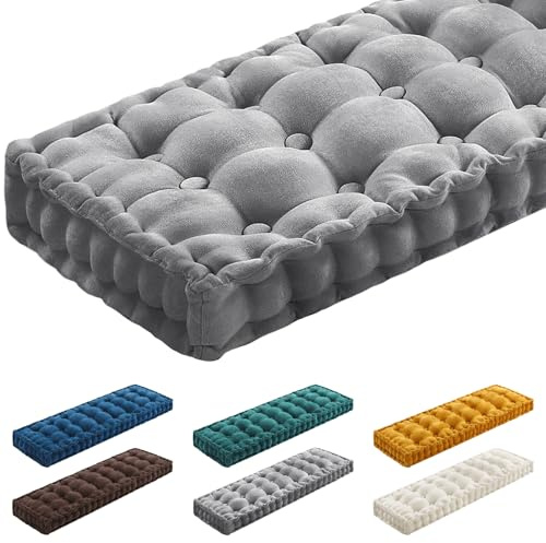 Geelin 48x18 Inch Bench Cushions for Indoor Furniture Chenille Velvet Gray Button Tufted Thicken Window Seat Pad Mat with Memory Foam Non Slip Long Floor Pillow for Entryway Dining Sofa Breakfast Nook