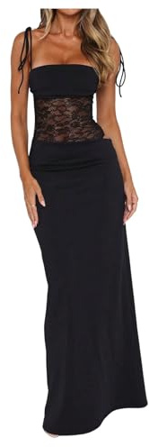 GORGLITTER Women's Lace Sheer Tie Shoulder Long Cami Dress Cut Out Ruched Bodycon Cocktail Party Dresses Black Small