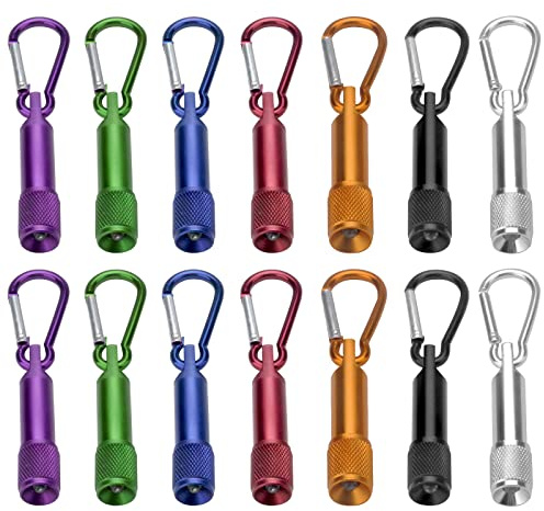 VOSSOT Lot de 14 mini lampes de poche porte-clés, lampe de poche LED en aluminium, petite lampe à main pour l'extérieur, le camping, le cyclisme, les anniversaires d'enfants [Classe énergétique A+++]