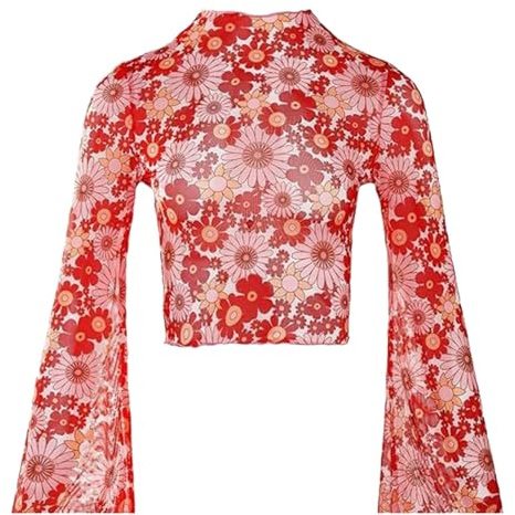 Générique Haut en Maille Transparente pour Femme - Style bohème - Style Hippie des années 70 - Col roulé - Manches Cloches - Tunique