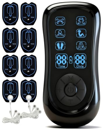 Appareil de Massage Électrique TENS/EMS Double Canal, Électrostimulateur Anti-Douleur avec 8 Électrodes Réutilisables, 2 Utilisateurs, Stimulation Musculaire & Relaxation Corps