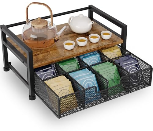BOKIOVIN Metall Teeregal Box Organizer mit 8 Fächern,Teebeutelhalter aufbewahrung für Arbeitsplatten,Teeschrank mit Schublade(Schwarz)