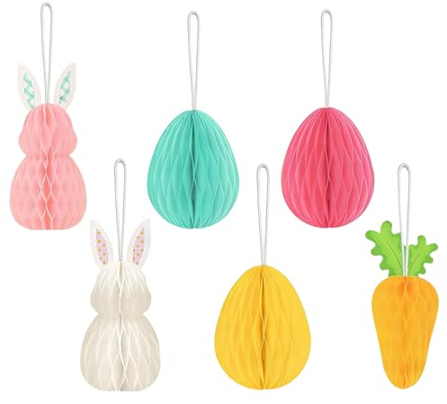 KLINNA 12 unidades de huevos de Pascua decorativos para colgar, bolas de panal de papel, incluye conejo, zanahoria, huevos de panal, decoración para arbustos de Pascua para interior y exterior