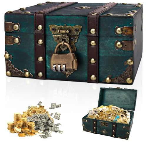 Coffre au Trésor Vintage en Bois 18x11x10 cm - Coffret Pirate Enfant avec Serrure à Combinaison, Boîte à Bijoux & Tirelire - Cadeau Fait Main Personnalisable pour Anniversaire, Décoration Chic (Vert)