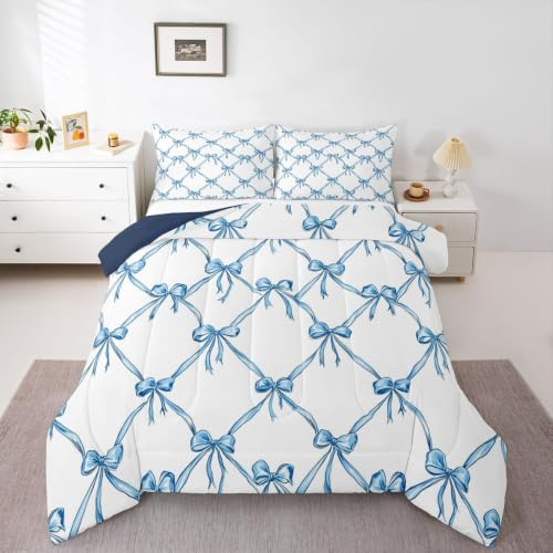 Loussiesd Blå rosett påslakanset alla årstider silke band rosett sängkläder set med 2 örngott randig linje drömmande mikrofiber barn king size sängkläder sovrum dekor duntäcke mjuk