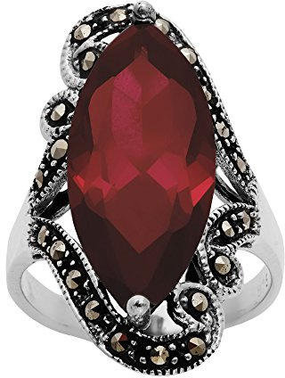 Silverly Bague en Argent 925 avec Grande Marquise Rouge et Oxyde de Zirconium et Filigrane de Marcassite | Bague Dôme Art Nouveau Style Vintage Années 20