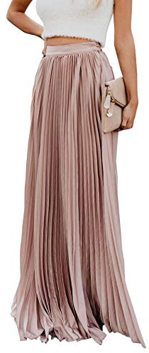 ebossy Women's High Waist Flowy Pleated Chiffon Maxi Skirt (Large, Pink)