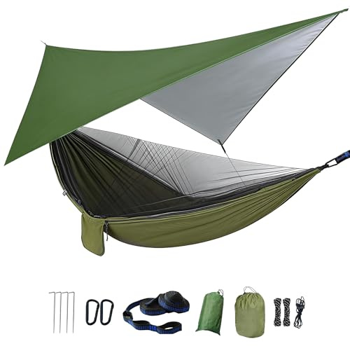 Outdoor Hängematte mit Moskitonetz und Regenfliege Schnell Trocknende Fallschirm Nylon Camping Hängematte Zelte für Trekking, Reise, Strand, Garten