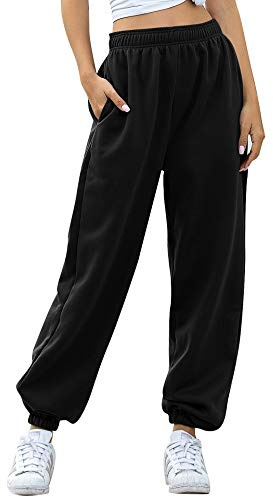 Nuofengkudu Women's Plain Baggy Fleece Tracksuit Bottoms Warm Harem Joggers Pants with Pockets Elastic Waist Thermals Tapered Leg Sweatpants Running Workout Casual Lounge Wear(F-Black, L)