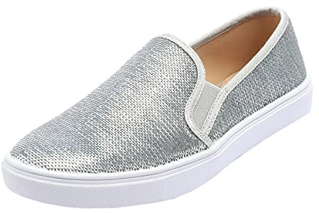 FEVERSOLE Dammode gnistrande paljett utsmyckad sneaker fest semester vardagsskor, Silver paljett Slip on, 38.5 EU