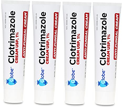 Globe Clotrimazole Antifungal Cream 1% USP, 1 oz (4 Pack), Anti Fungal Treatment, Relieves Itching, Burning, Cracking and Scaling Associated Athletes Foot, Jock Itch, Ringworm and More