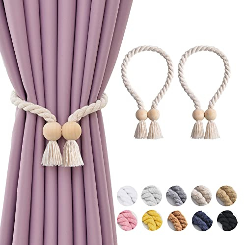 NICEEC 2 Pack Wooden Ball Magnetic Curtain Tiebacks Boho Home Decor Drape Tie Backs Natural Cotton Hand Woven Rope Curtain Holdbacks for Thin & Thick Home & Office Window Draperies (Beige)